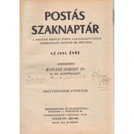 Postás szaknaptár 1941