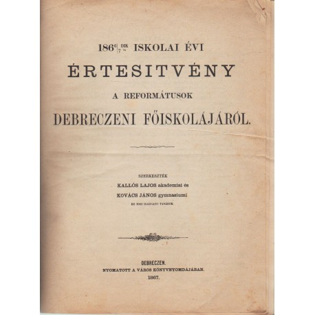 Értesítvény a reformátusok debreczeni főiskolájáról 1869-70